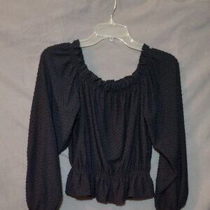 H&M, LONG SLEEVE, SMOCKED-WAIST TOP, BLACK, TEXTURED.